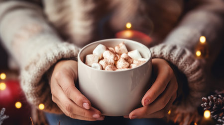 A woman holding a cup of hot chocolate with marshmallows, AIの素材