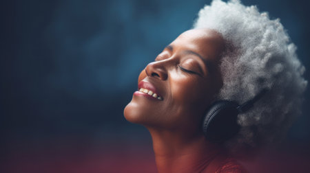 An african america woman with headphones listening to music, AIの素材