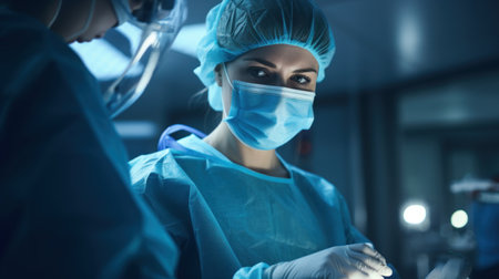 A woman in a surgical suit and mask is looking at something, AIの素材