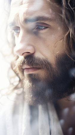A man with long hair and beard looking at something, AIの素材