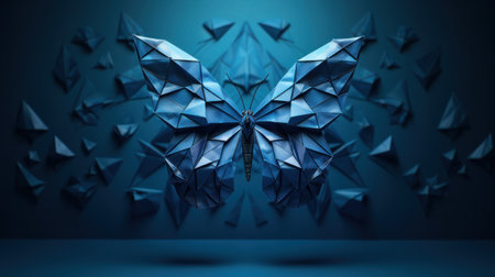 Blue origami butterfly on black background, AI. Paper crafted origamiの素材