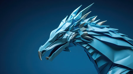 Blue dragon 3d model on dark background, AI. Paper crafted origamiの素材