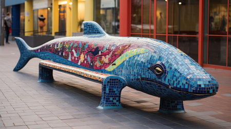 A blue and white painted bench with a whale on it, AIの素材