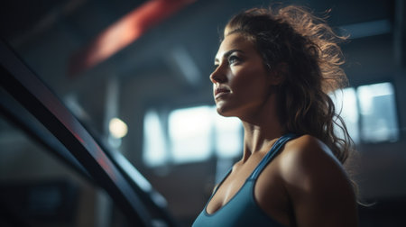 A woman in a sports bra standing on an exercise machine, AIの素材