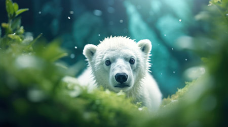 A polar bear in the forest with green plants, AIの素材