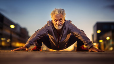 An older man doing yoga stretches on the street, AIの素材
