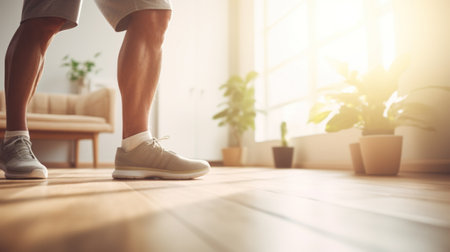 A man wearing sneakers standing on a wooden floor, AIの素材