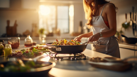 A woman in an apron is cooking food on the stove, AIの素材