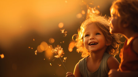 Two children laughing while blowing dandelions, AIの素材