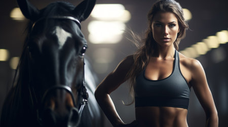 A woman in a sports bra top and black horse, AIの素材