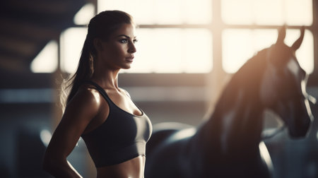 A woman in a sports bra top and black horse, AIの素材