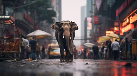 An elephant walking down a city street in the rain, AIの素材