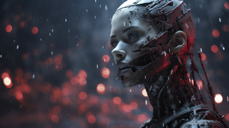 The woman is wearing a robot head and has red lights, AIの素材