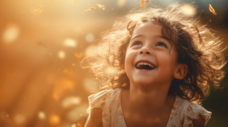 A little girl is smiling and laughing while falling leaves fall around her, AIの素材