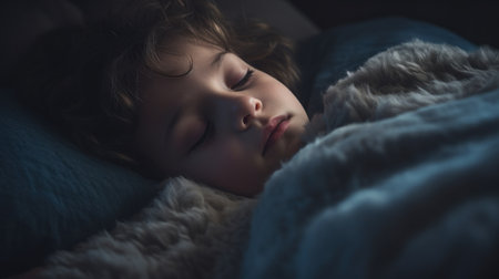 A young child sleeping in bed with a blanket, AIの素材