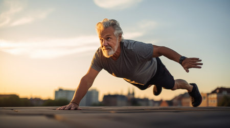 An older man doing push ups on a rooftop, AIの素材