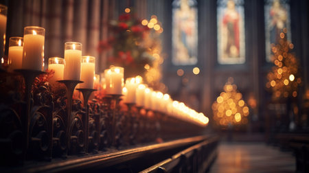 Christmas candles in a church with lights on, AIの素材
