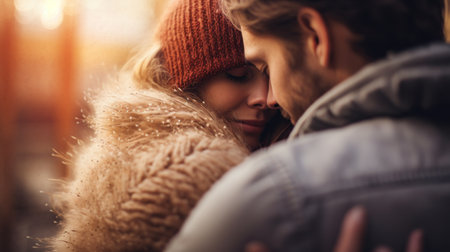 A man and woman embrace in a winter setting, AIの素材