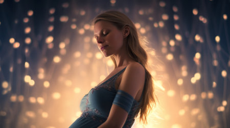 A pregnant woman in a blue dress standing against the light, AIの素材
