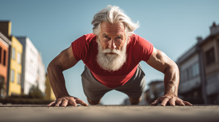 An old man with white beard doing push ups on the street, AIの素材