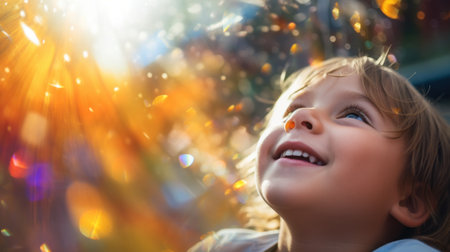 A young boy smiles as he looks up at the sun, AIの素材