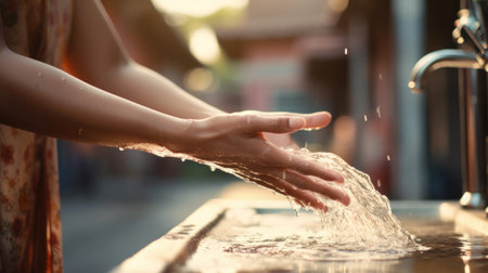 A woman washing her hands with water from a faucet, AIの素材