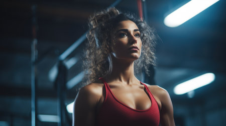 A woman in a red top is standing by the bar, AIの素材