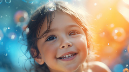 A little girl is smiling while standing in the water, AIの素材