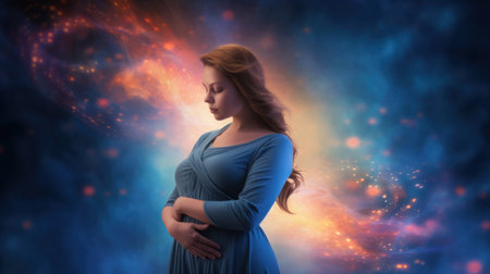 A woman in a blue dress standing with her hands on the ground, AIの素材