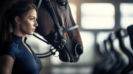 Beautiful young woman with horse in stable, AIの素材