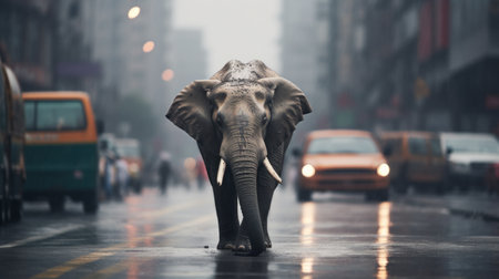 An elephant is walking down a street in the rain, AIの素材