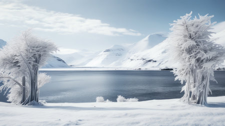 Frosty trees by the lake, AIの素材