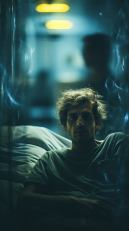 A man in a hospital bed with smoke coming out of his mouth, AIの素材