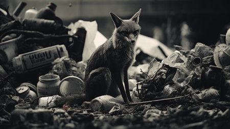 A fox sitting on the ground surrounded by garbage, AIの素材