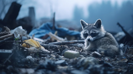 A raccoon sits on the ground in a pile of garbage, AIの素材