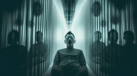 A man in a dark room with many people around him, AIの素材