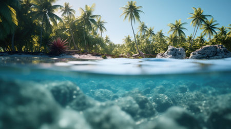 Tropical island with palm trees and water, AIの素材