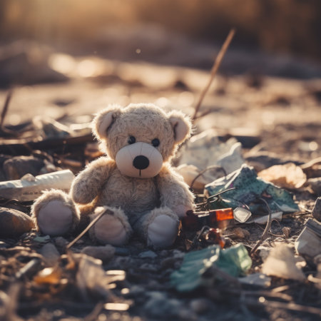 An abandoned teddy bear sits in the dirt on a trash field, AIの素材