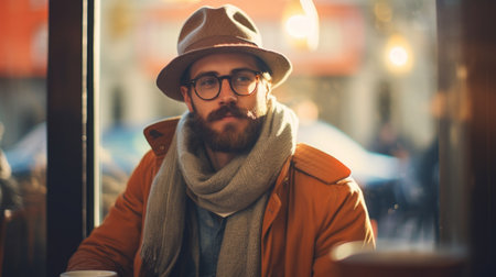 A man with a beard and glasses sitting at the window of his coffee shop, AIの素材