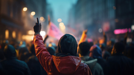 A person in a red hoodie is raising their hands, AIの素材