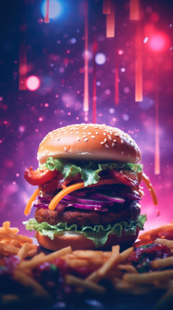 A hamburger and fries on a colorful background, AIの素材