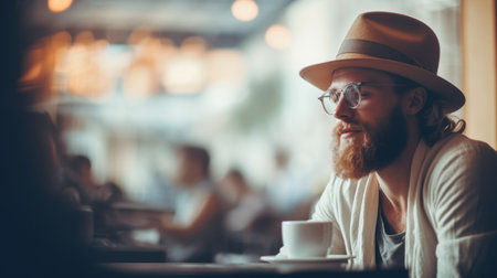 A man with a beard and hat sitting at the table, AIの素材