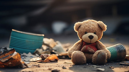 A teddy bear sitting on the ground with a broken tin can, AIの素材