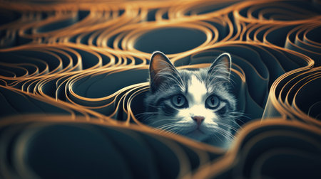 A cat is hiding behind a bunch of paper, AIの素材