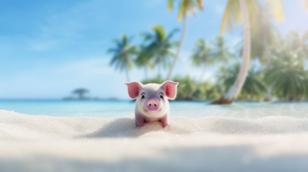 A pig standing on a beach with palm trees, AIの素材
