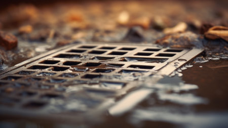 A clogged drain cover is sitting on the ground, AIの素材