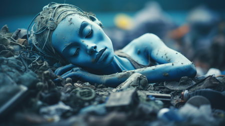 A blue woman is sleeping in the middle of a pile, AIの素材