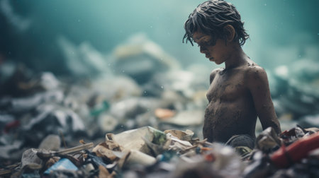 A young boy sitting in a pile of garbage, AIの素材