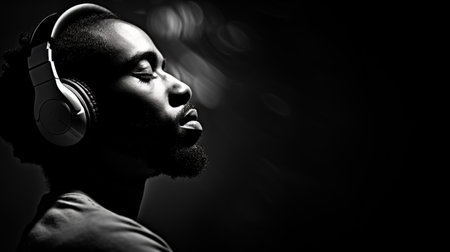Black and white photo of a man listening to music, AIの素材