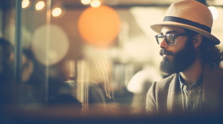 A man with a beard and hat is sitting in an office, AIの素材
